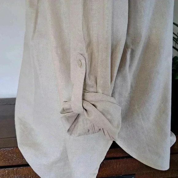 NWT Tahari Long Sleeved Linen Blouse Roll Sleeve Tan Large Popover Style Top - Picture 7 of 16